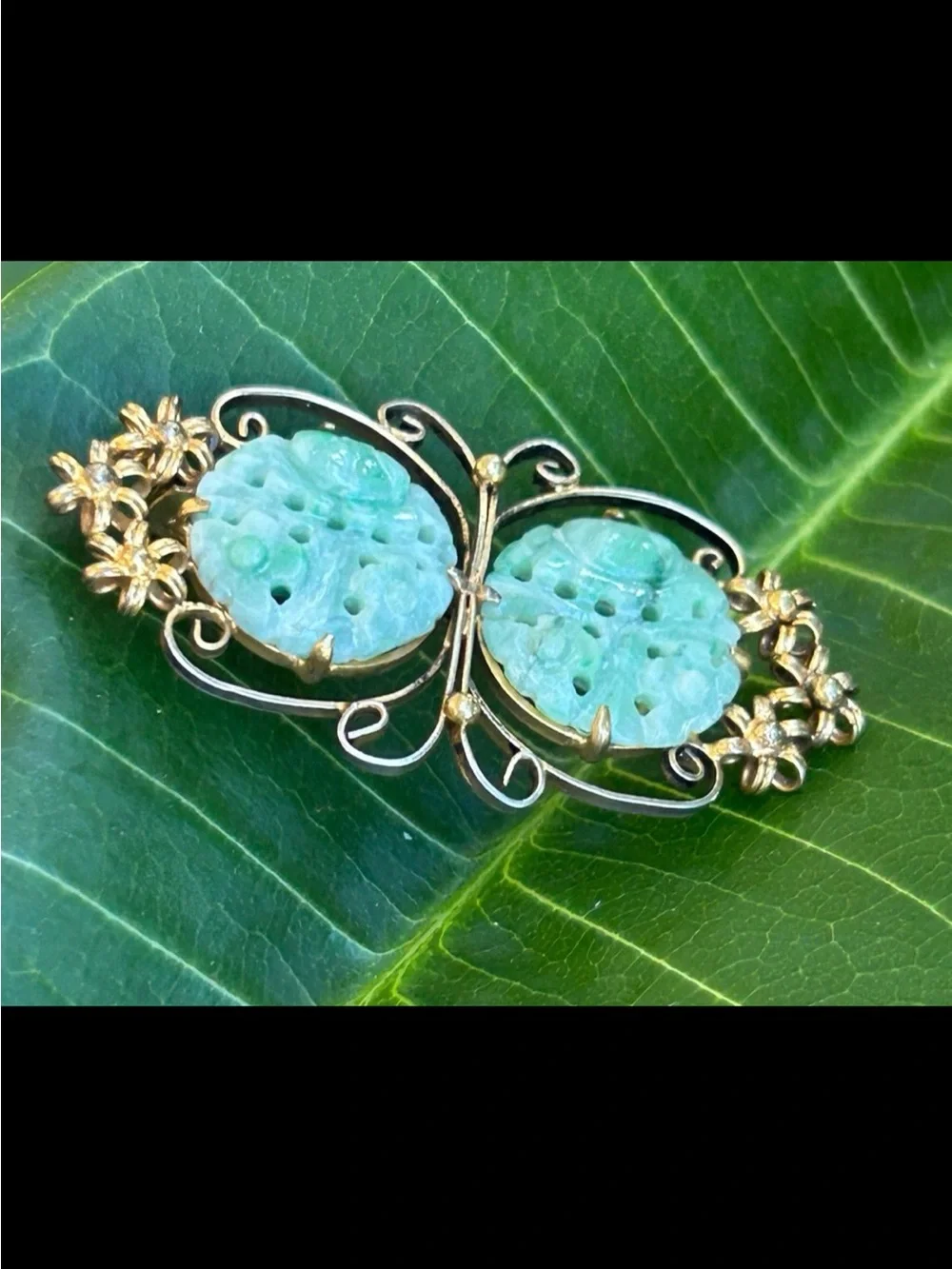 Chinese Export Gold Vermeil Filigree Silver Carved Jade Jadeite butterfly pin